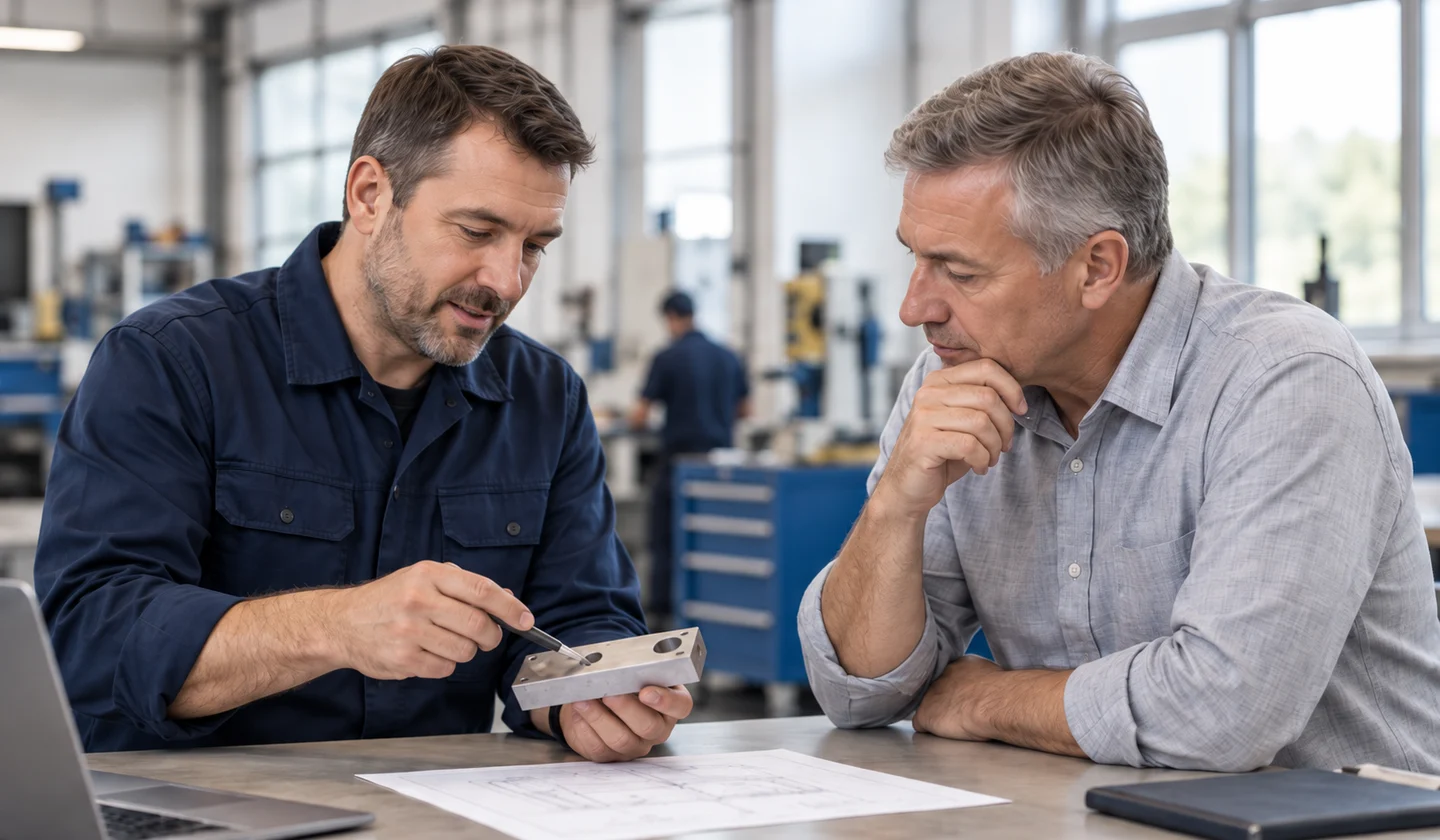 Illustration: a specialist and a customer discuss a metal part and a drawing.