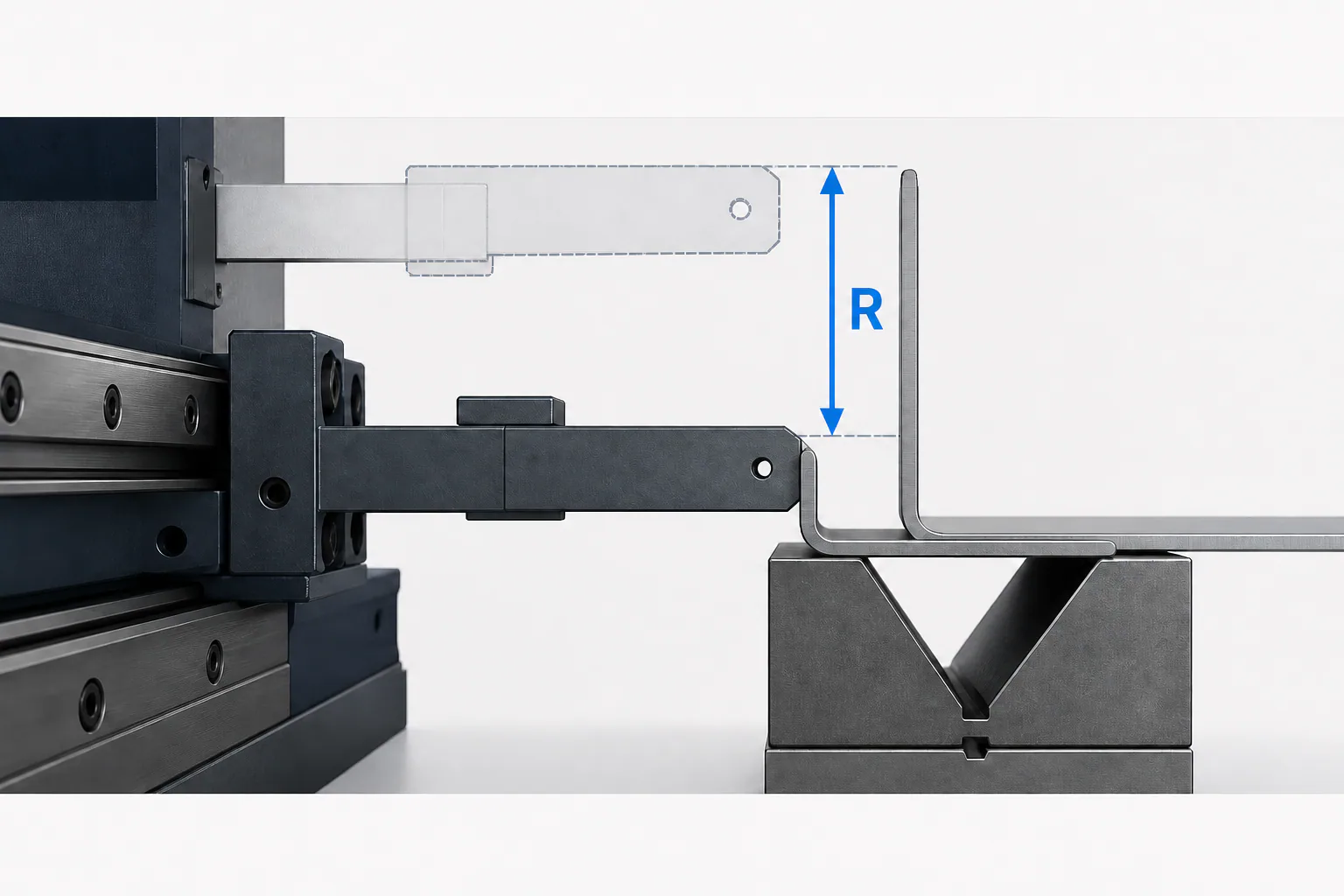 Original technical formed-part illustration: R raises or lowers a backgauge finger so it receives the edge at the required height.