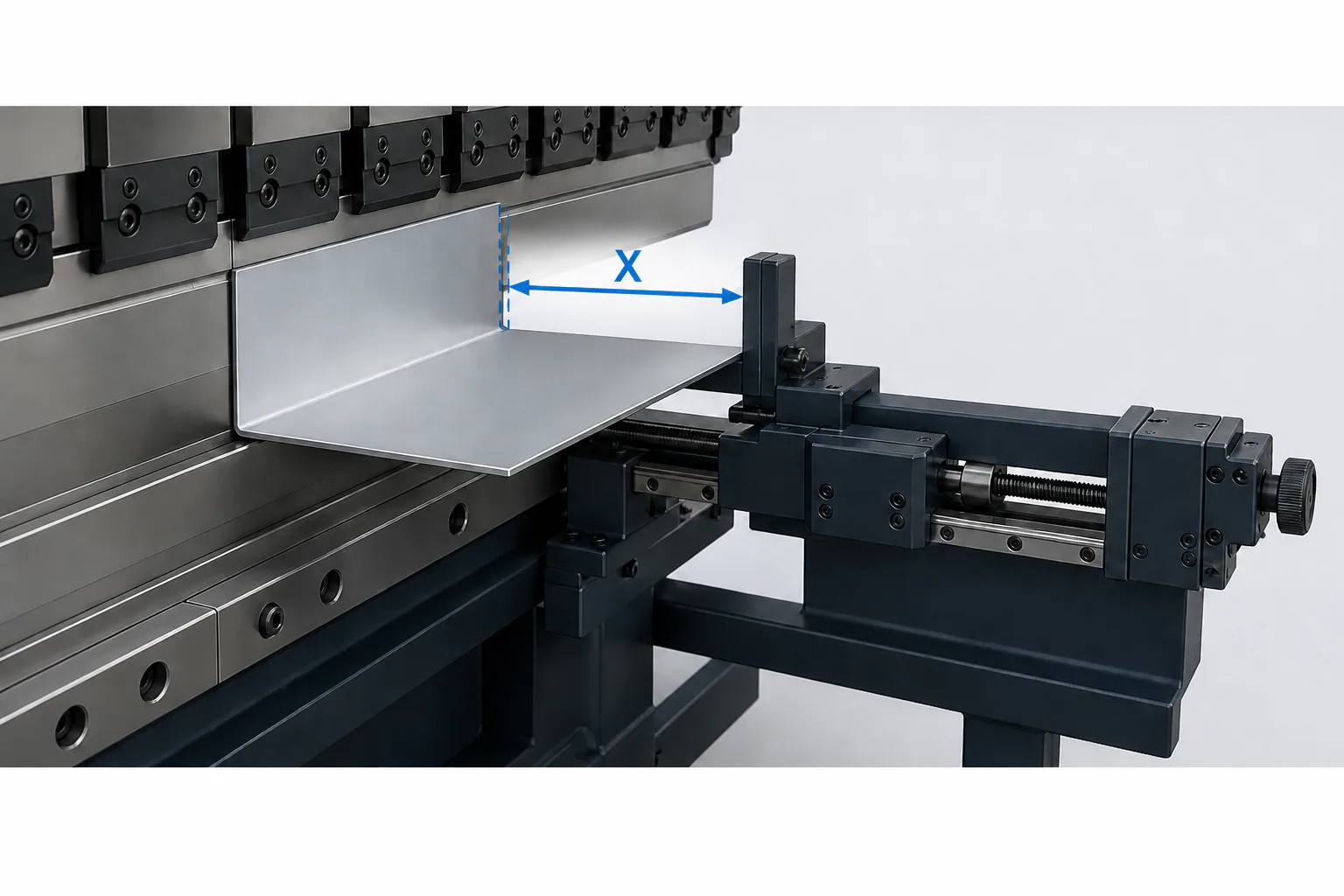 Original technical part-profile illustration: X marks the distance between a backgauge finger and the bend line.
