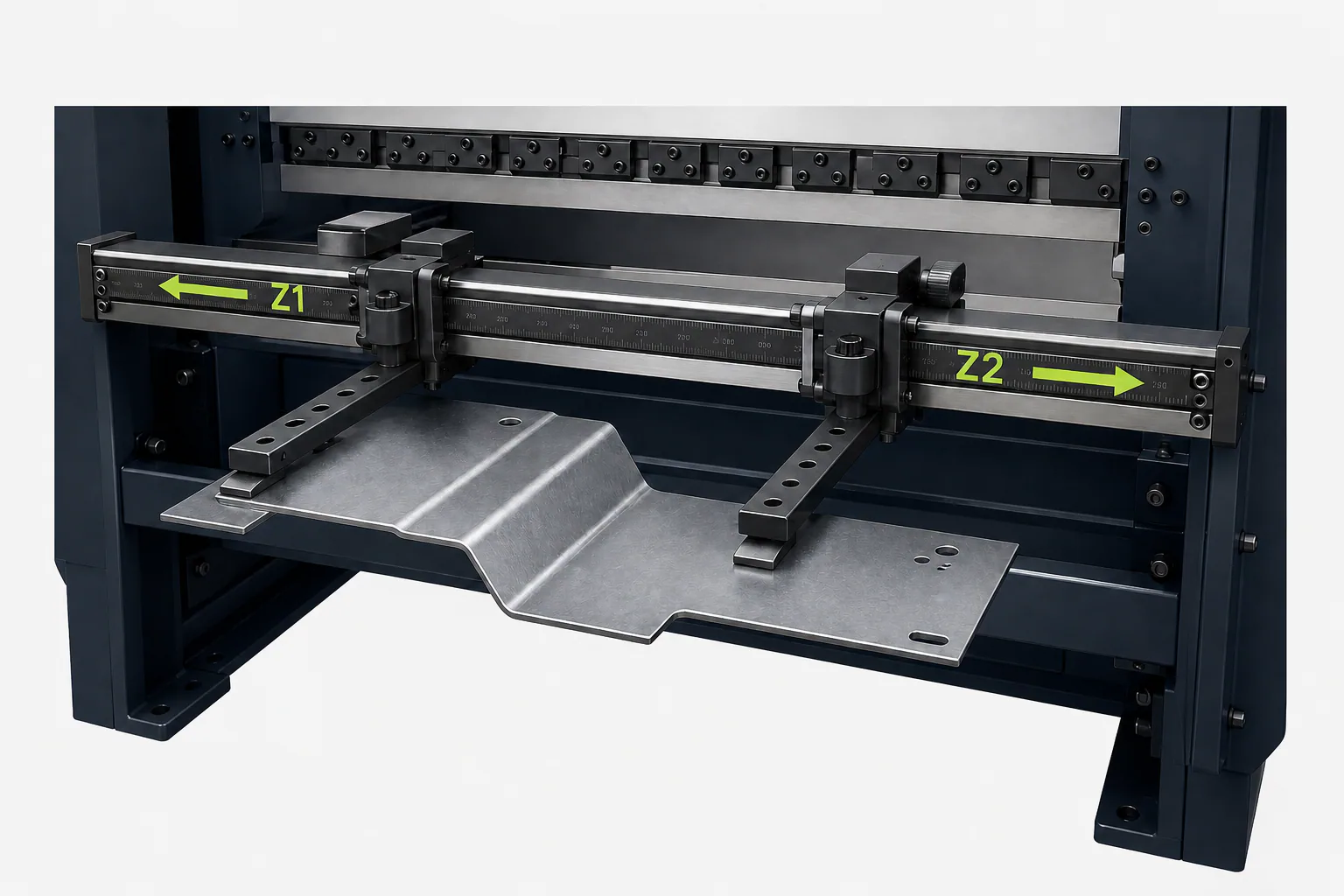 Original technical backgauge illustration: Z1 and Z2 independently move the left and right fingers along the rail.